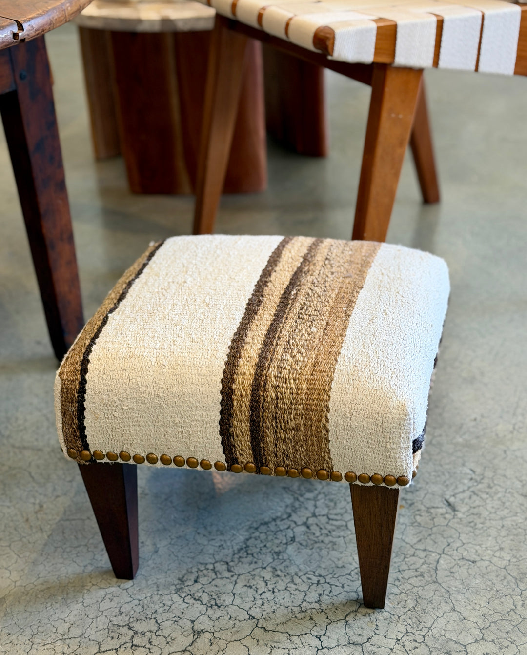 Custom Footstool Upholstered in a Vintage Striped Rug, Turkey with Wood Legs