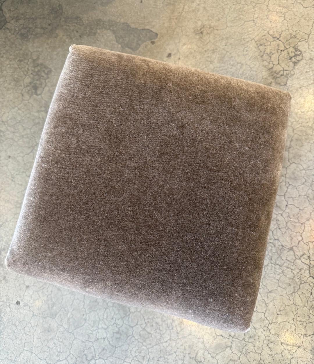 Custom Footstool Upholstered in a Mushroom Wool Mohair with Wood Legs