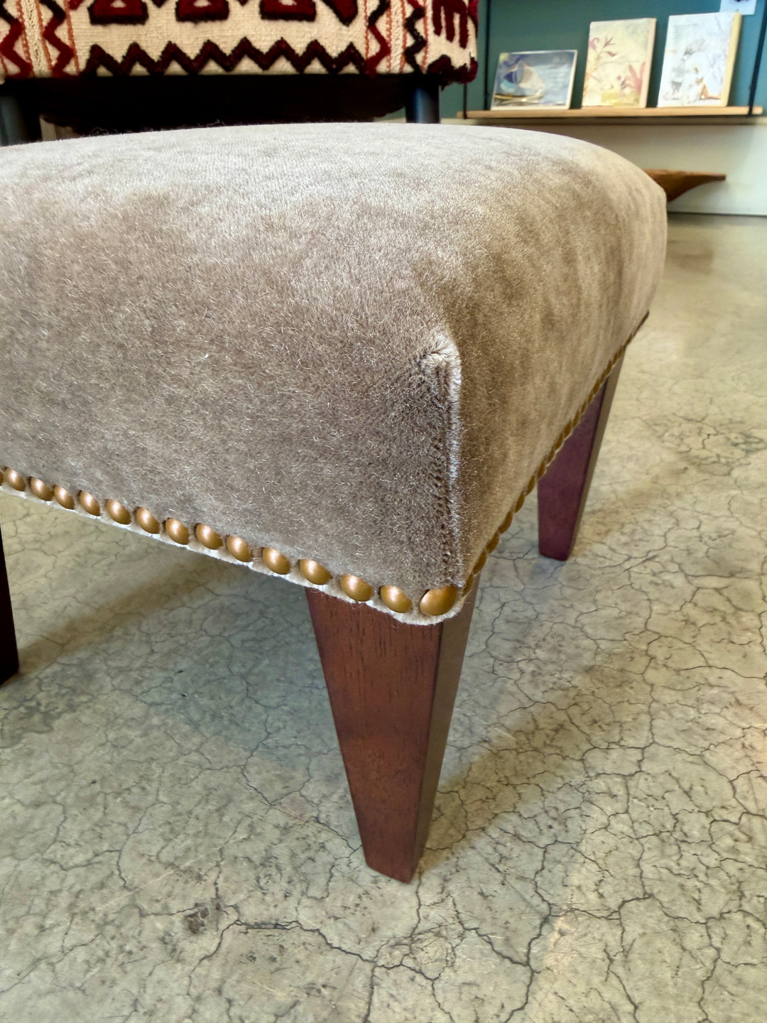 Custom Footstool Upholstered in a Mushroom Wool Mohair with Wood Legs