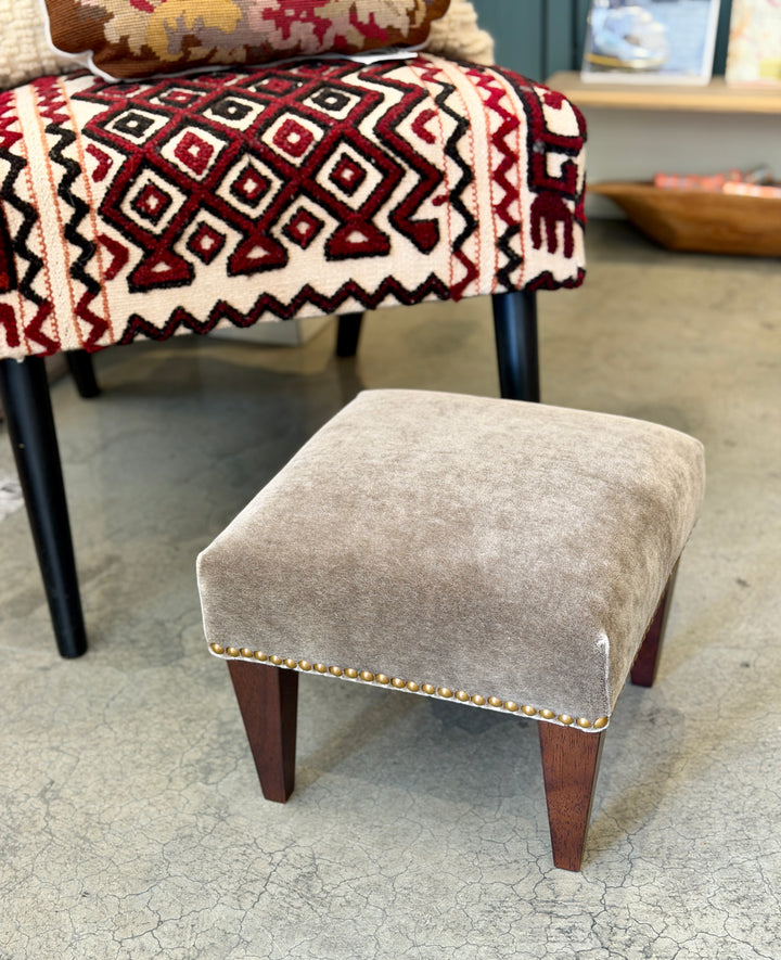 Custom Footstool Upholstered in a Mushroom Wool Mohair with Wood Legs