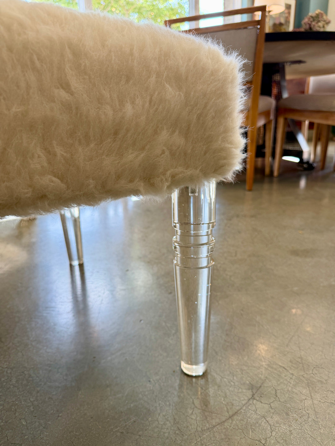 Custom Bench Newly Upholstered in a Wool / Alpaca Fabric, Italy with Lucite Legs