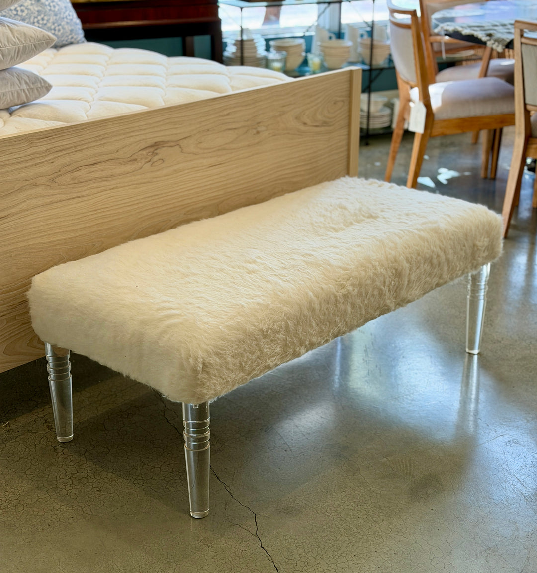 Custom Bench Newly Upholstered in a Wool / Alpaca Fabric, Italy with Lucite Legs