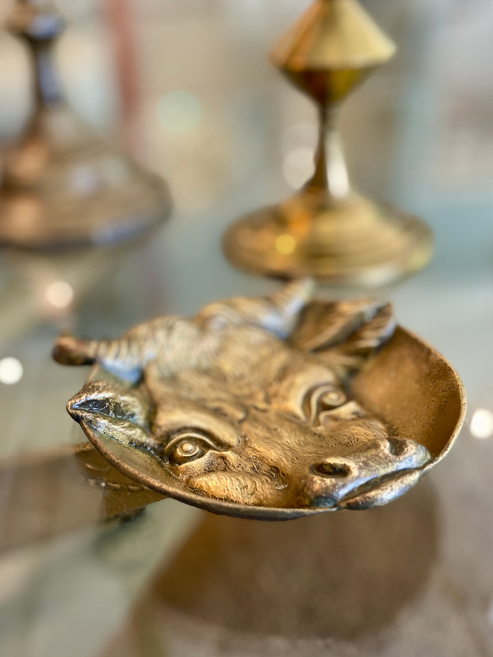 Vintage Cast Brass Bull's Head Trinket Dish