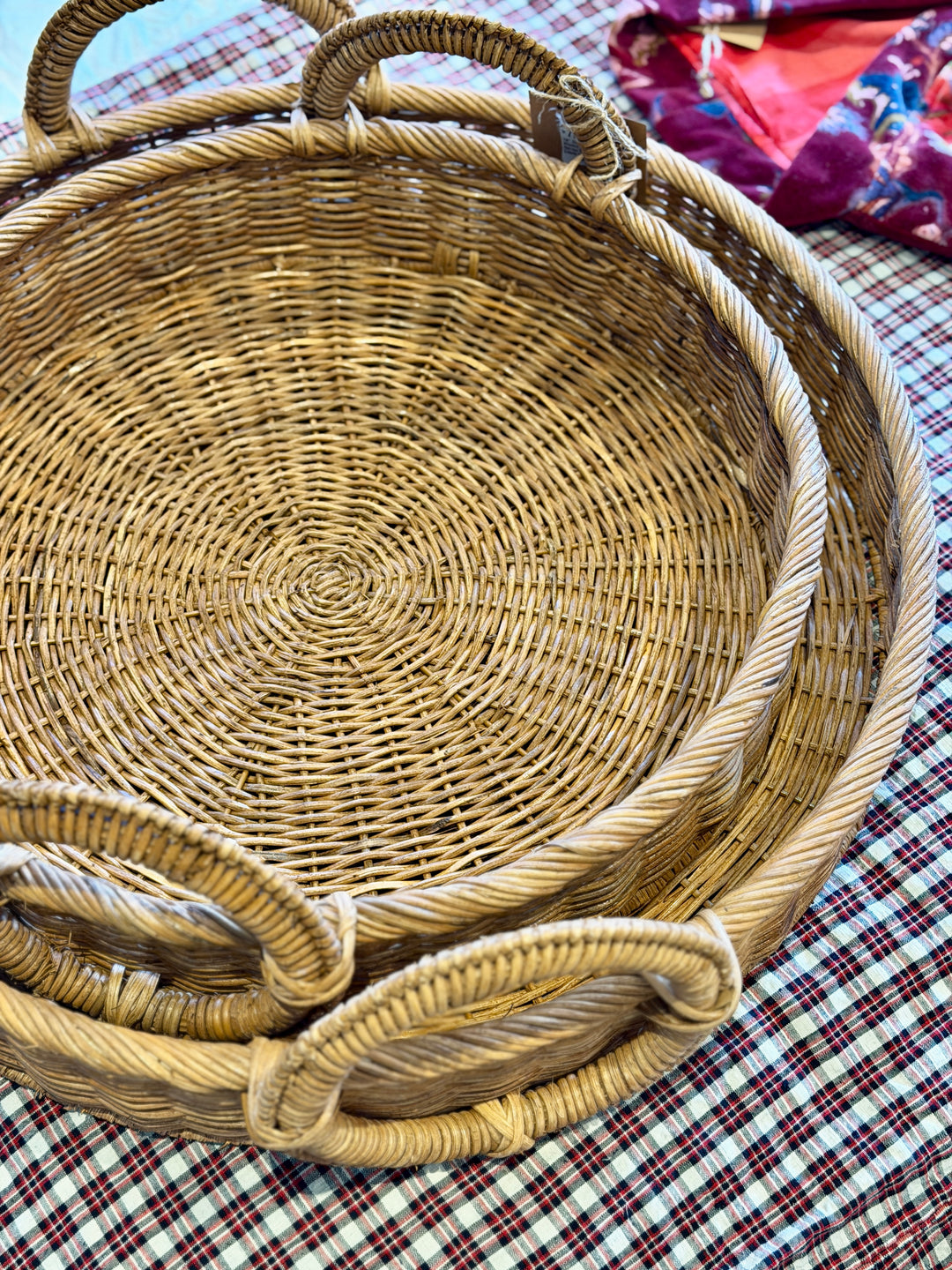 18" Decorative Woven Natural Rattan Tray w/ Circle Handles