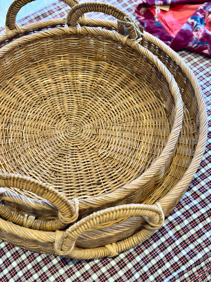 22" Decorative Woven Natural Rattan Tray w/ Circle Handles