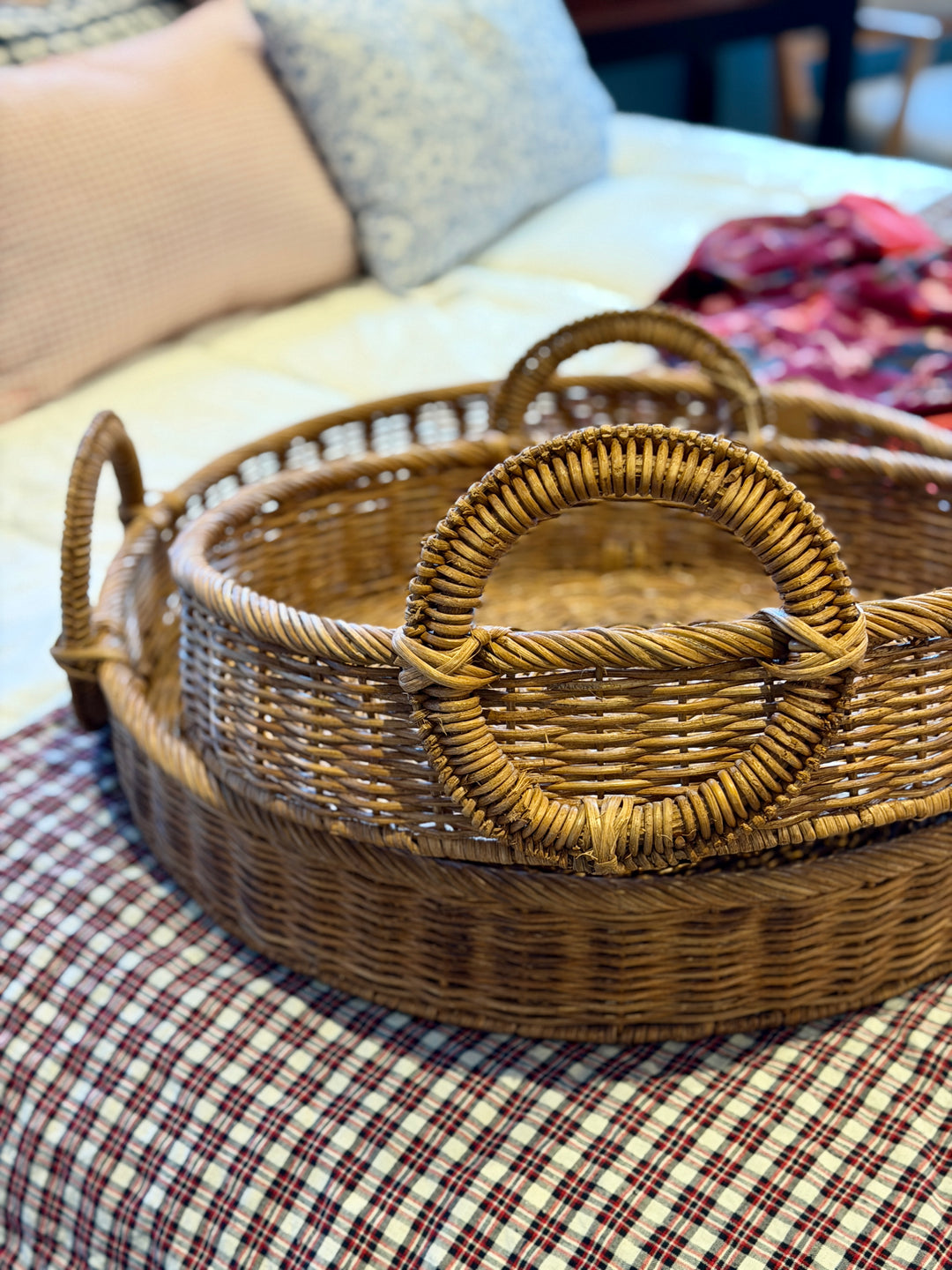 22" Decorative Woven Natural Rattan Tray w/ Circle Handles