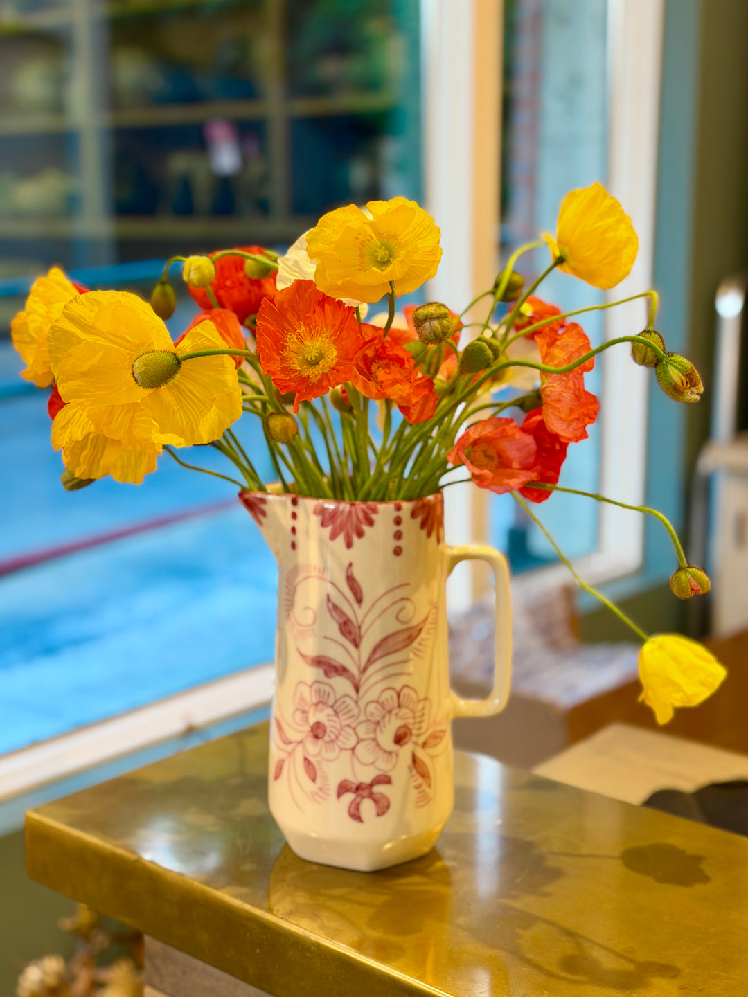60 oz. Hand-Painted Stoneware Pitcher w/ Botanical Design