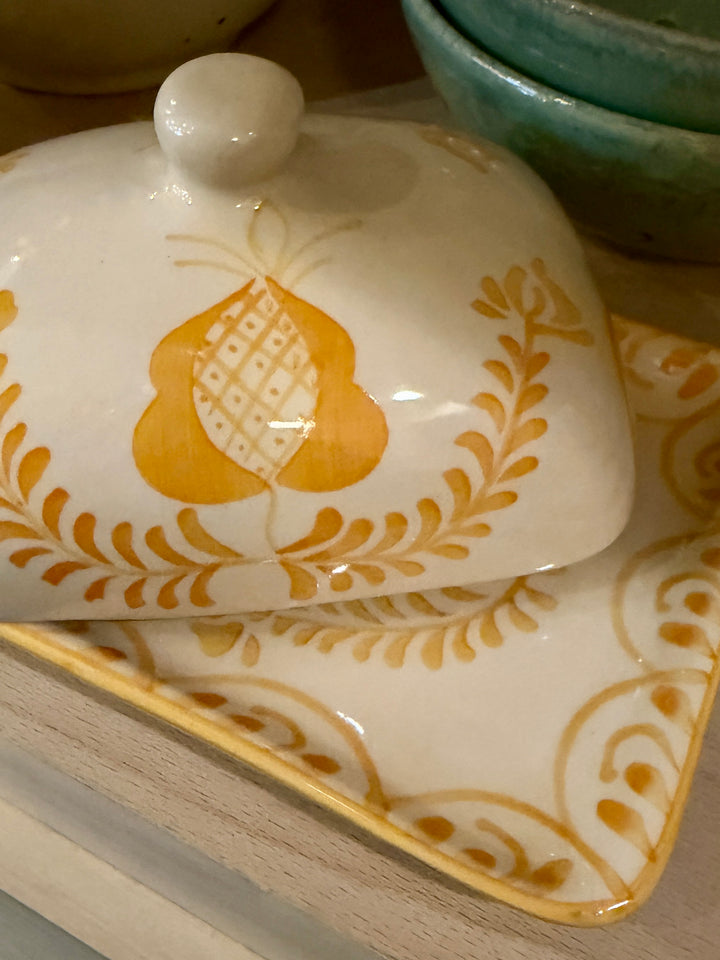 Hand-Painted Stoneware Butter Dish w/ Botanical Design
