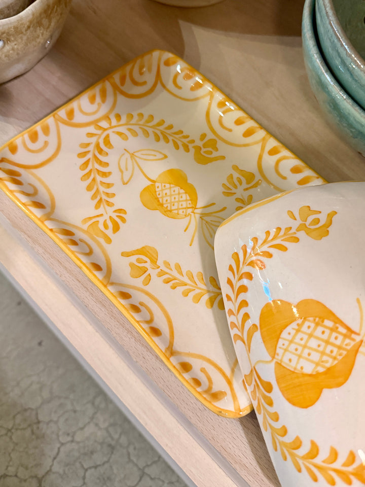 Hand-Painted Stoneware Butter Dish w/ Botanical Design