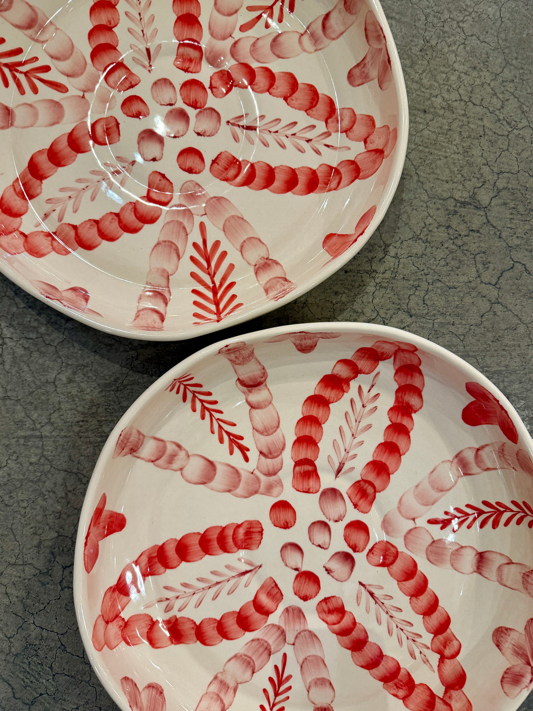 Hand-Painted Shallow Stoneware Serving Bowl w/ Botanical Design