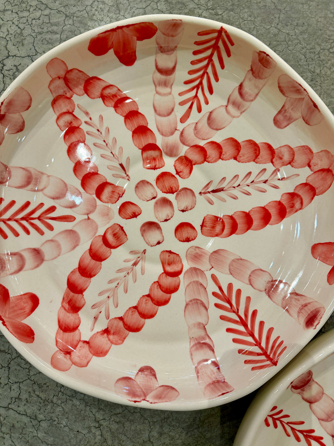 Hand-Painted Shallow Stoneware Serving Bowl w/ Botanical Design