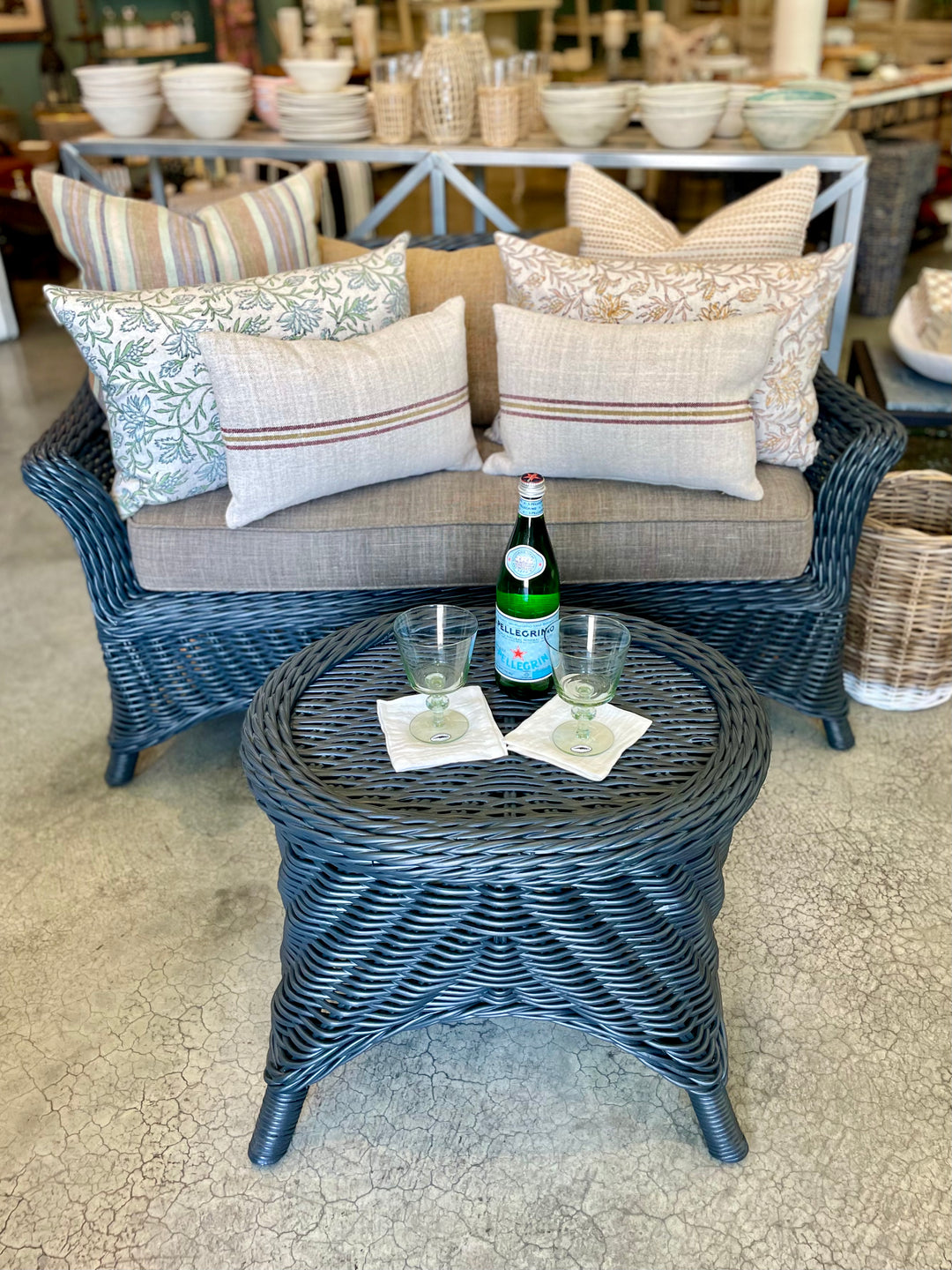 Vintage Small Wicker Table with New Blue/Grey Painted Finish