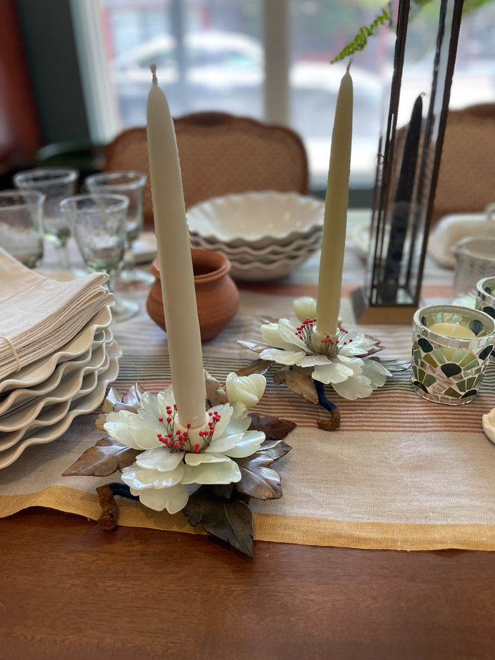 Vintage Carved Jade Flower Candle Holder with Wood Stem | Pair