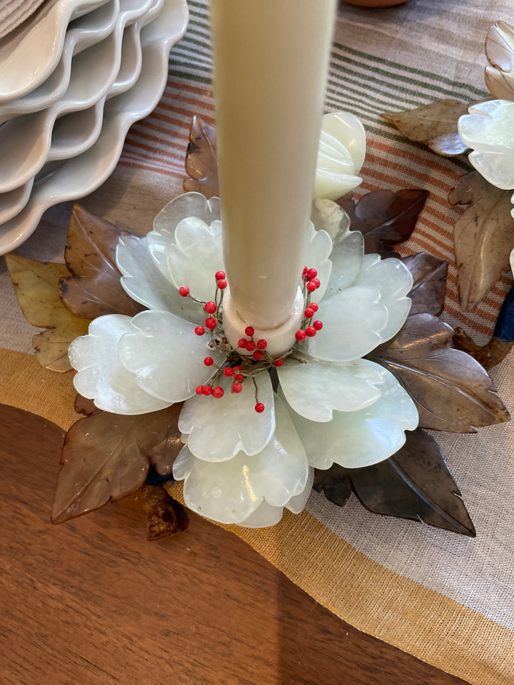 Vintage Carved Jade Flower Candle Holder with Wood Stem | Pair