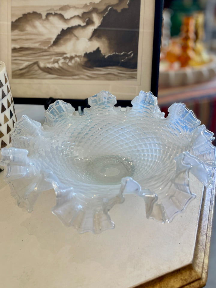 Vintage French White Opaline Ruffled Dish