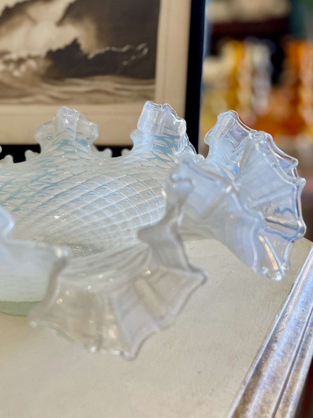 Vintage French White Opaline Ruffled Dish