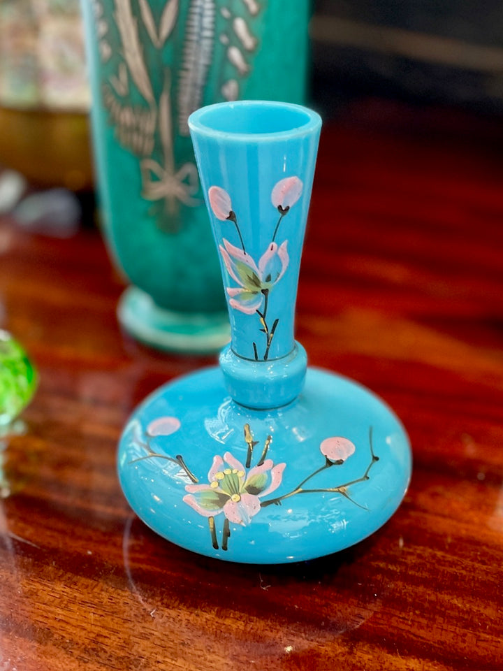 Vintage French Blue Opaline Glass Bud Vase w/Hand-Painted Flowers