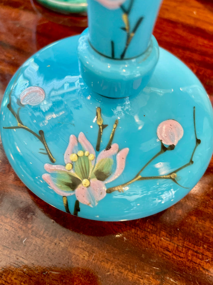 Vintage French Blue Opaline Glass Bud Vase w/Hand-Painted Flowers