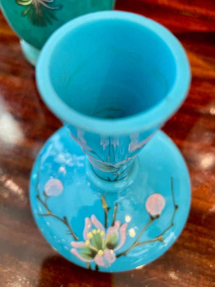 Vintage French Blue Opaline Glass Bud Vase w/Hand-Painted Flowers