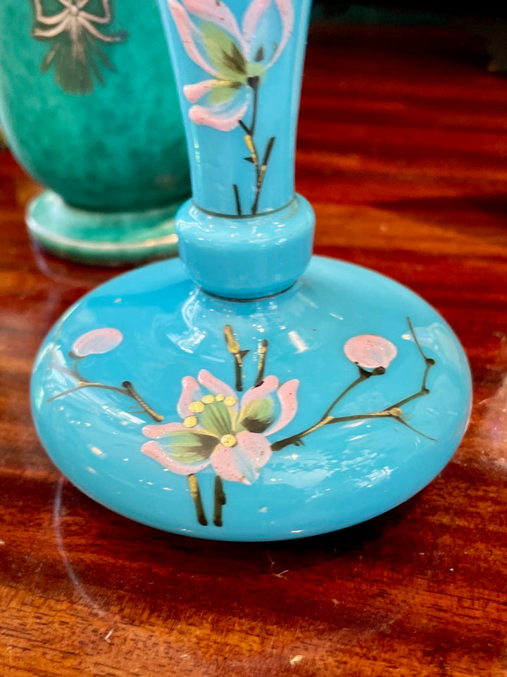 Vintage French Blue Opaline Glass Bud Vase w/Hand-Painted Flowers
