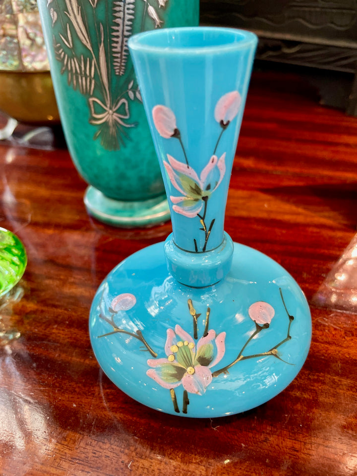 Vintage French Blue Opaline Glass Bud Vase w/Hand-Painted Flowers