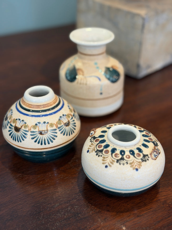 Vintage Hand-Painted Ceramic Vase w/ Teal, Cream + Brown | L