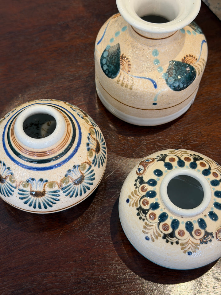 Vintage Hand-Painted Ceramic Vase w/ Teal, Cream + Brown | M