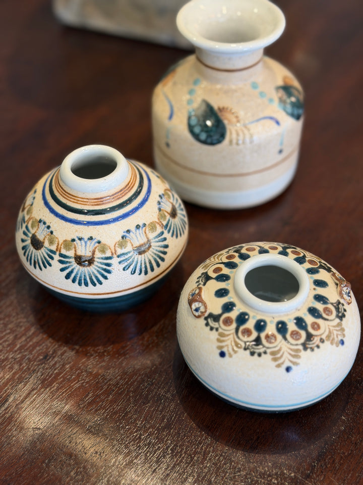 Vintage Hand-Painted Ceramic Vase w/ Teal, Cream + Brown | M