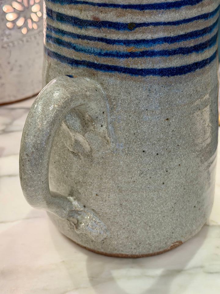 Vintage Hand Thrown Stoneware Pitcher w/ Grey Glaze + Indigo Blue Stripes