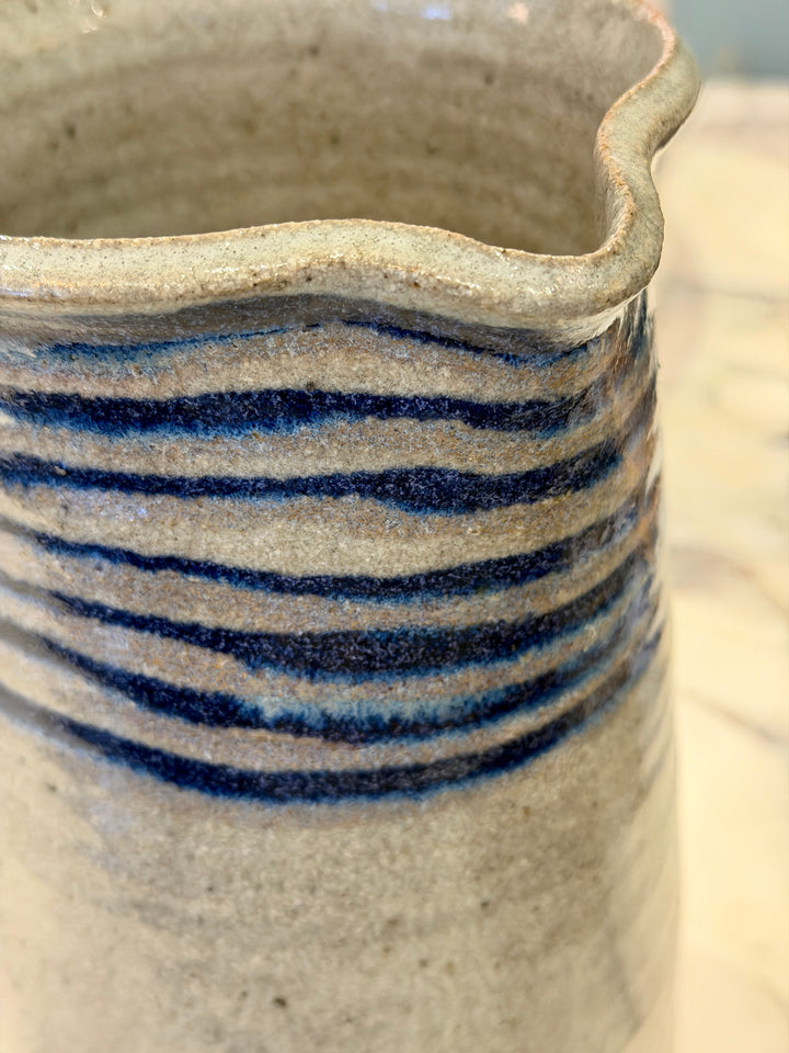 Vintage Hand Thrown Stoneware Pitcher w/ Grey Glaze + Indigo Blue Stripes