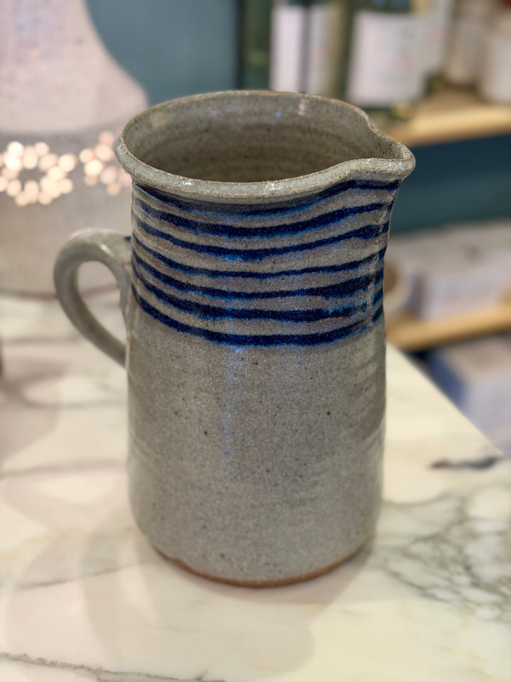 Vintage Hand Thrown Stoneware Pitcher w/ Grey Glaze + Indigo Blue Stripes