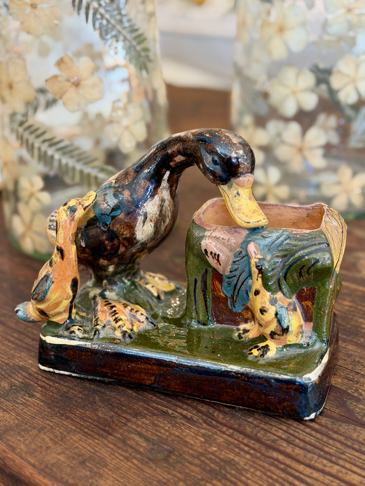 Vintage Mexican Folk Art Pottery Duck + Ducklings Vase