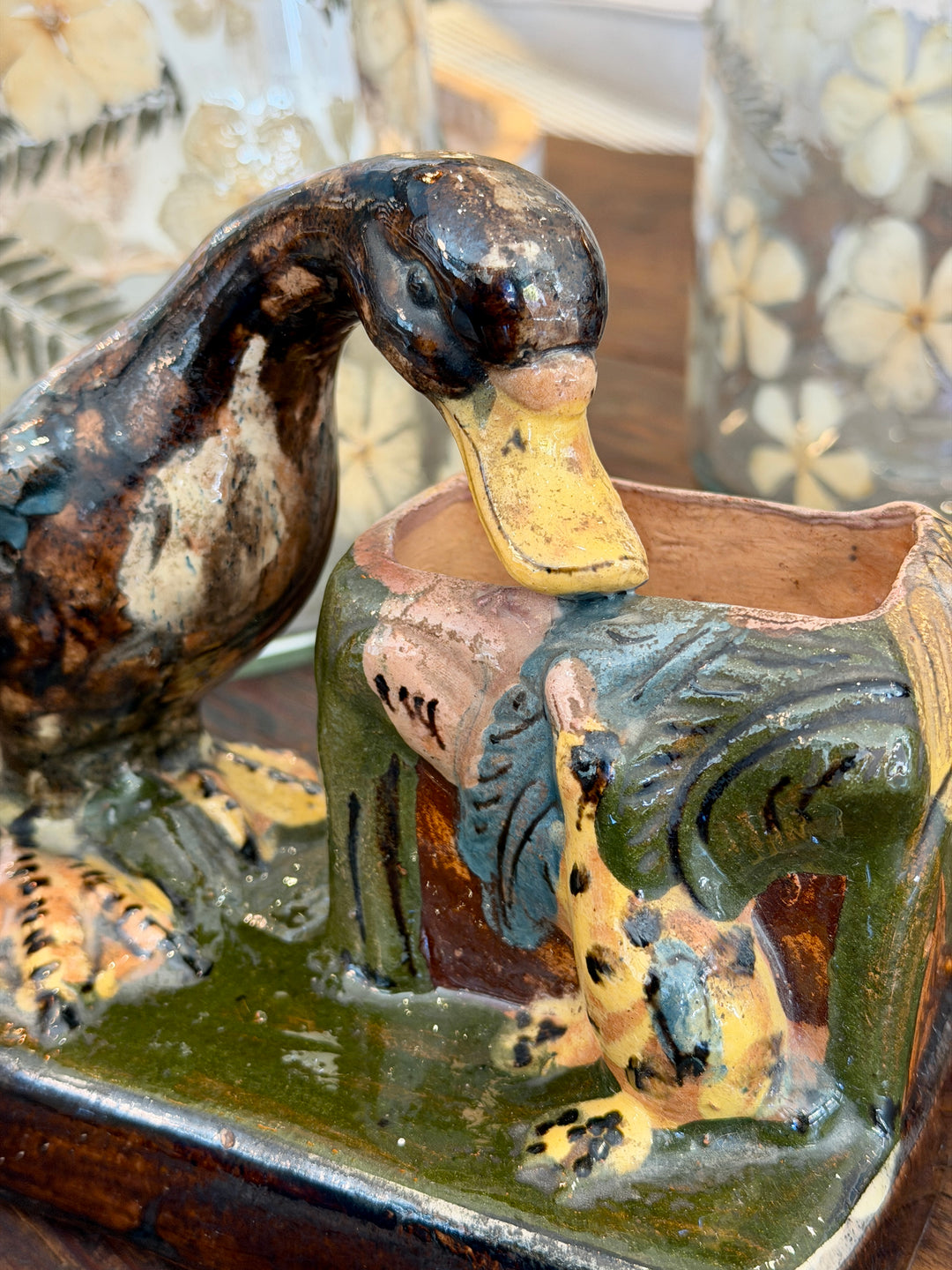 Vintage Mexican Folk Art Pottery Duck + Ducklings Vase