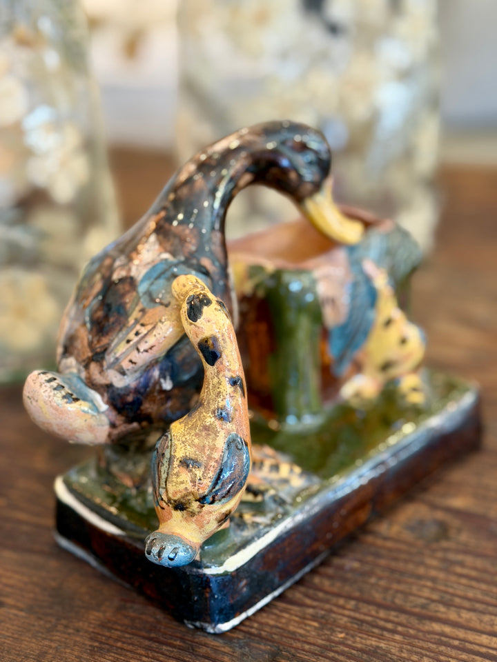 Vintage Mexican Folk Art Pottery Duck + Ducklings Vase