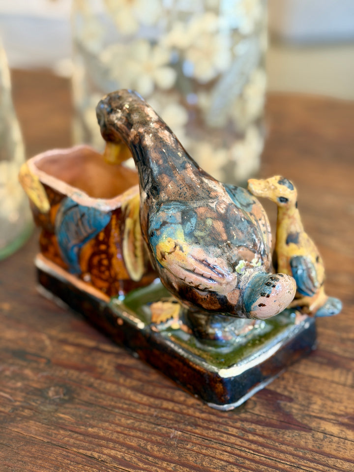 Vintage Mexican Folk Art Pottery Duck + Ducklings Vase