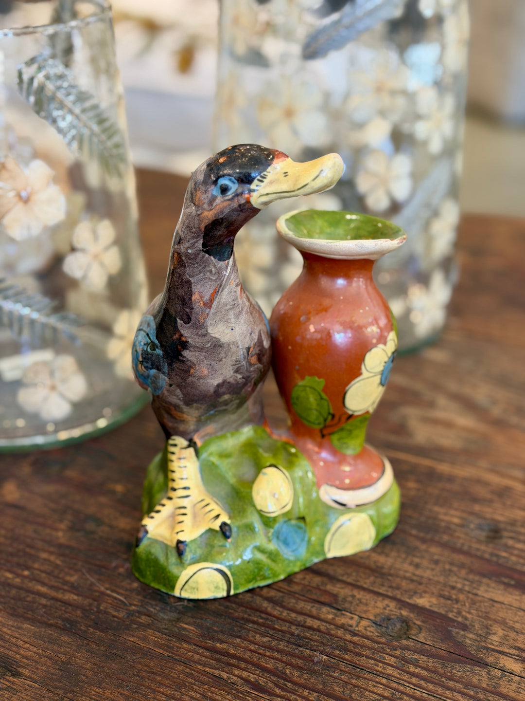 Vintage Mexican Folk Art Pottery Duck with Urn Vase