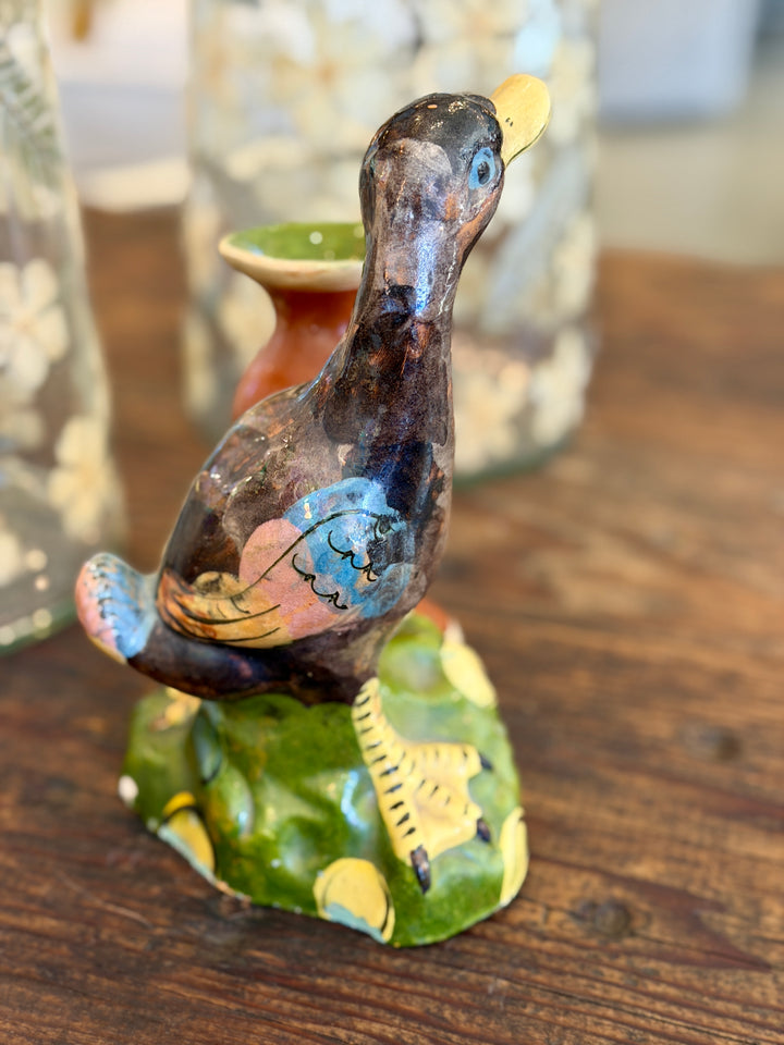 Vintage Mexican Folk Art Pottery Duck with Urn Vase
