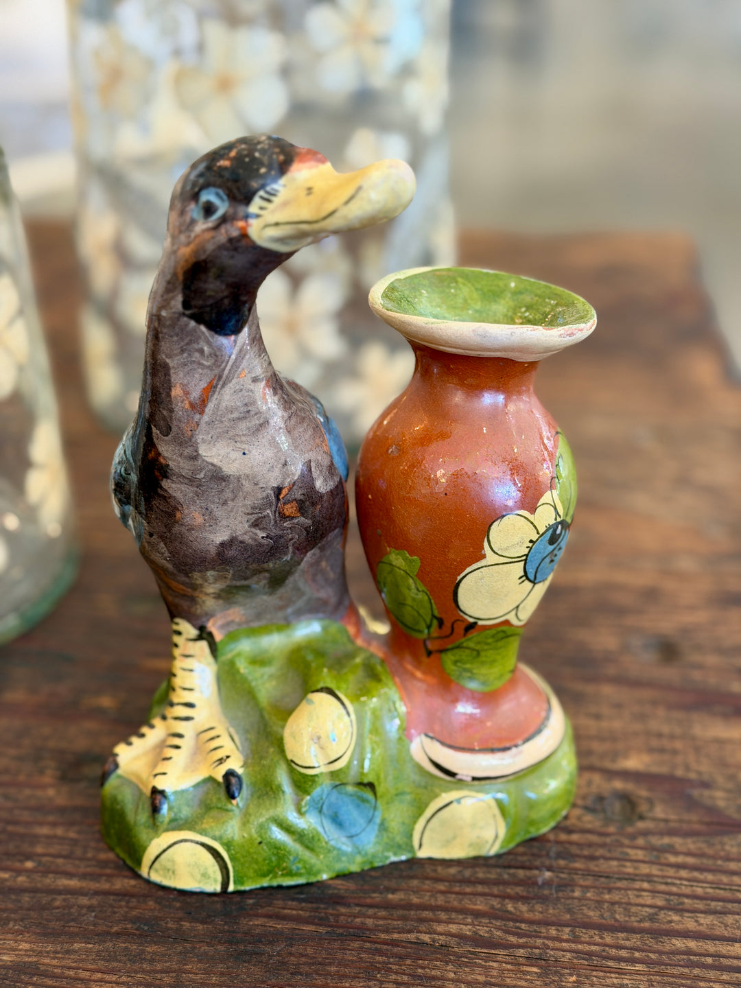 Vintage Mexican Folk Art Pottery Duck with Urn Vase