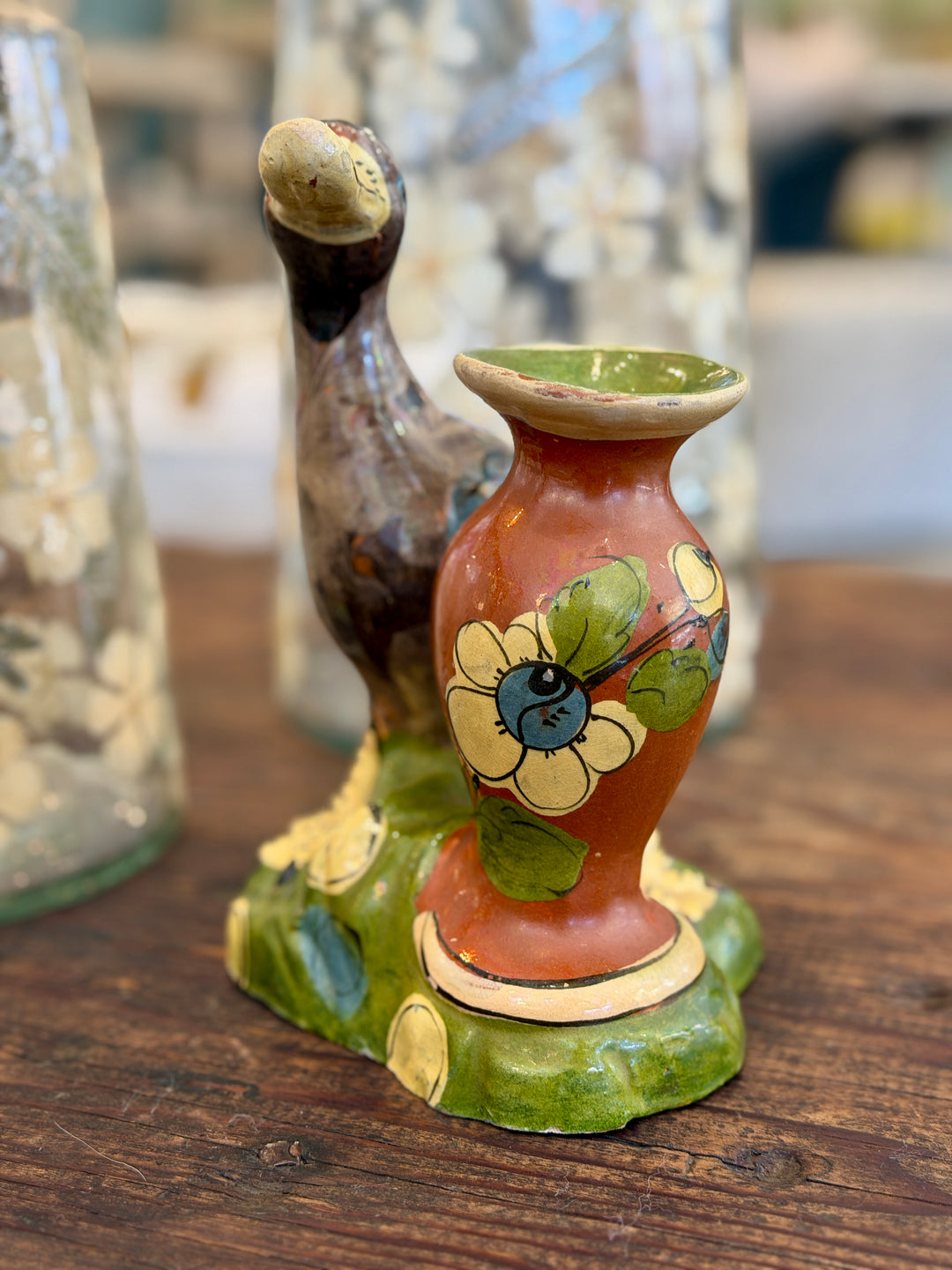 Vintage Mexican Folk Art Pottery Duck with Urn Vase