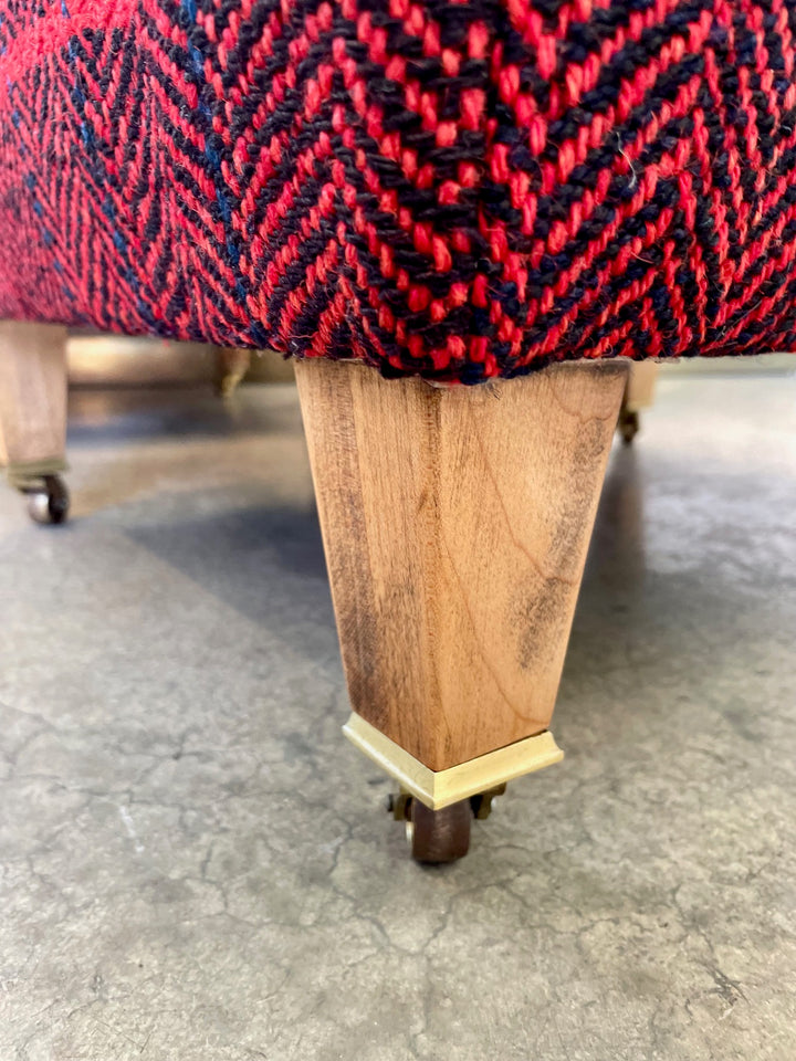 Vintage Ottoman with Wood Legs and Brass Casters, Newly Upholstered