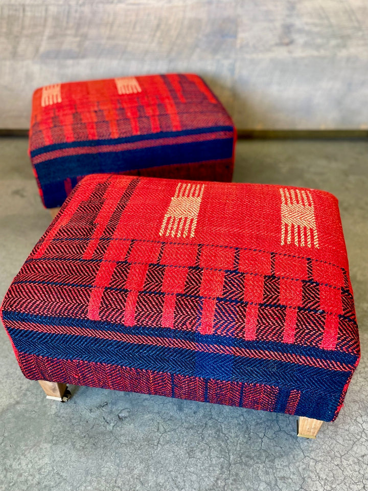 Vintage Ottoman with Wood Legs and Brass Casters, Newly Upholstered