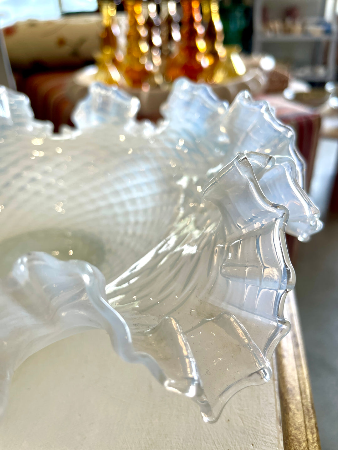Vintage French White Opaline Ruffled Dish