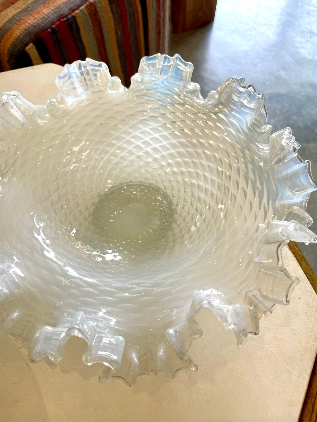 Vintage French White Opaline Ruffled Dish