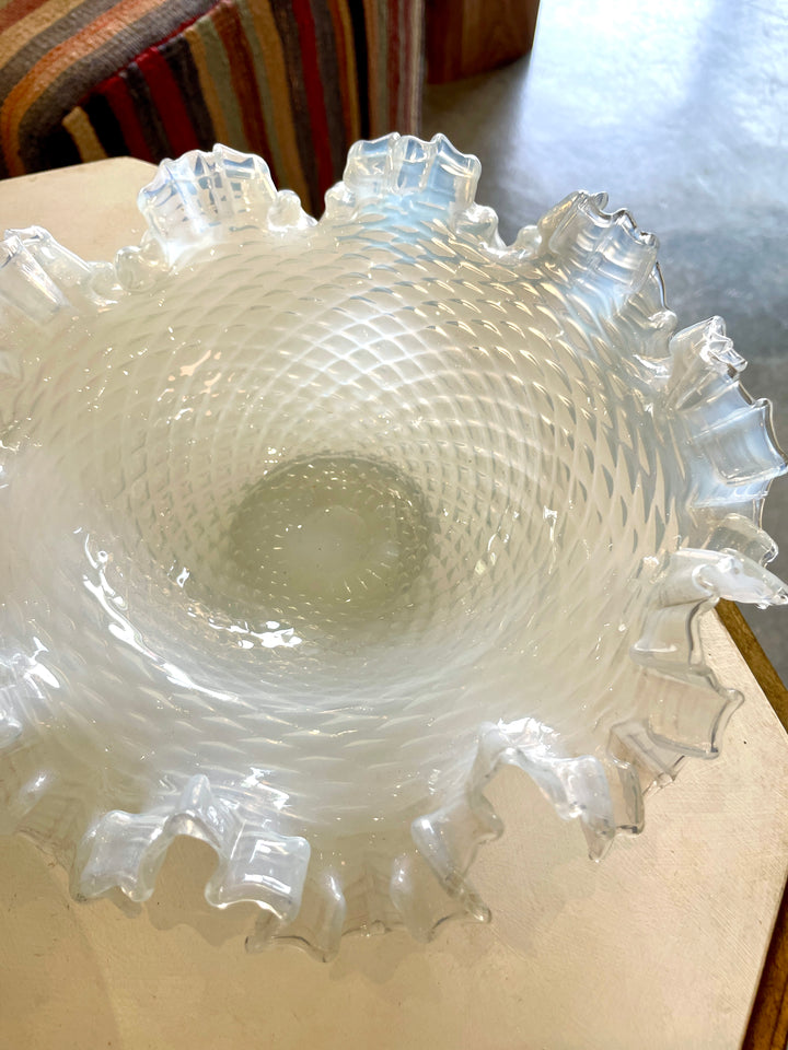 Vintage French White Opaline Ruffled Dish