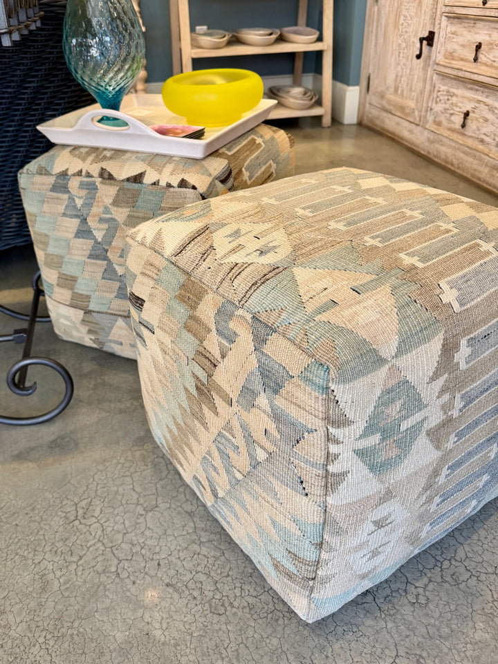 Custom 18" x 18" x 18" Cube Stool, Upholstered in a Vintage Cream + Blue Wool Rug, Turkey