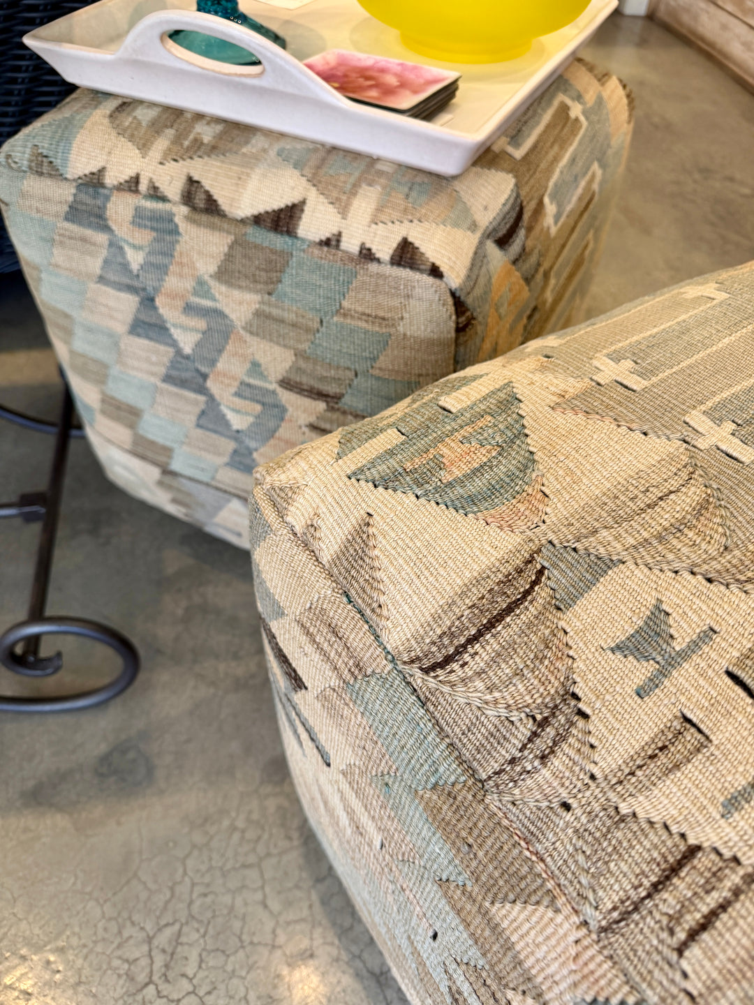 Custom 18" x 18" x 18" Cube Stool, Upholstered in a Vintage Cream + Blue Wool Rug, Turkey