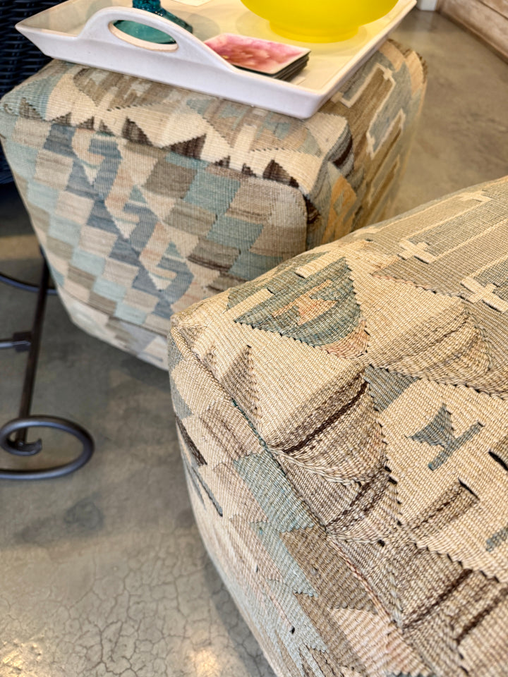 Custom 18" x 18" x 18" Cube Stool, Upholstered in a Vintage Cream + Blue Wool Rug, Turkey
