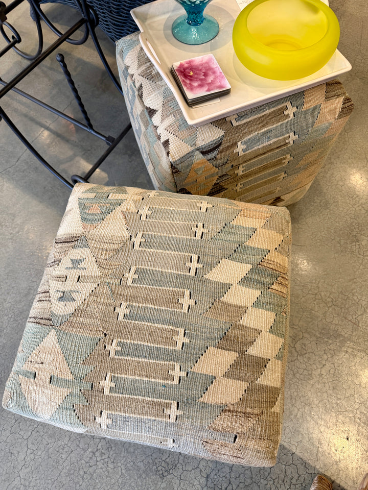 Custom 18" x 18" x 18" Cube Stool, Upholstered in a Vintage Cream + Blue Wool Rug, Turkey