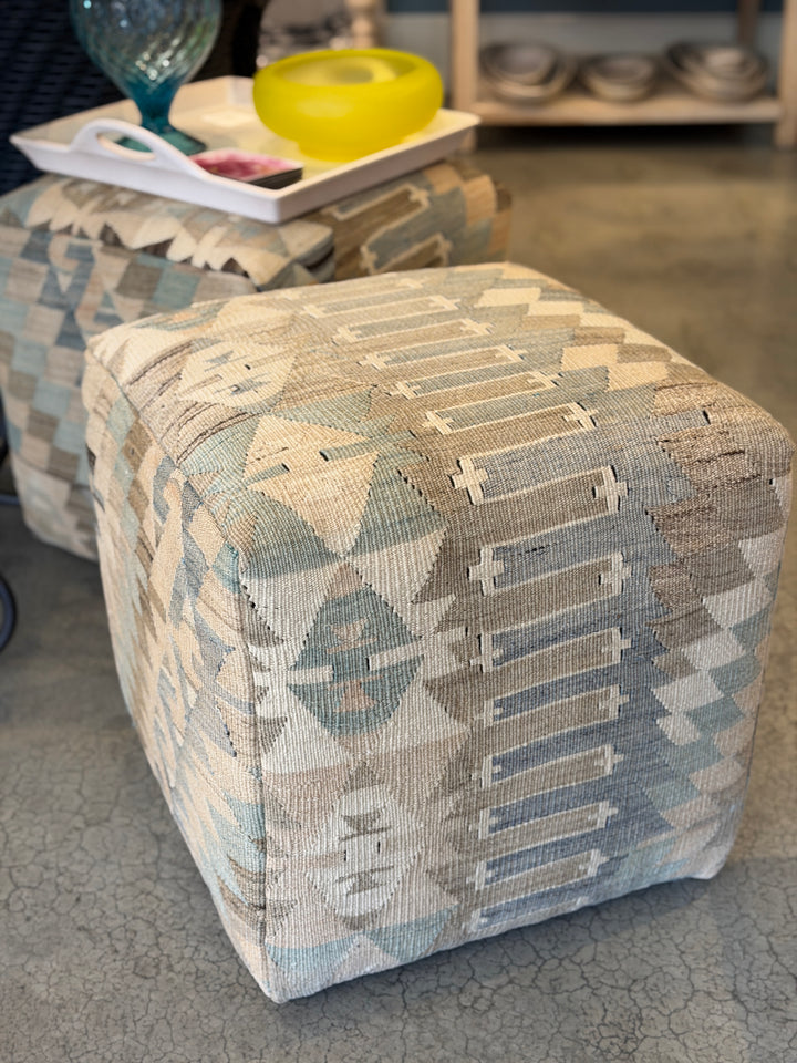 Custom 18" x 18" x 18" Cube Stool, Upholstered in a Vintage Cream + Blue Wool Rug, Turkey
