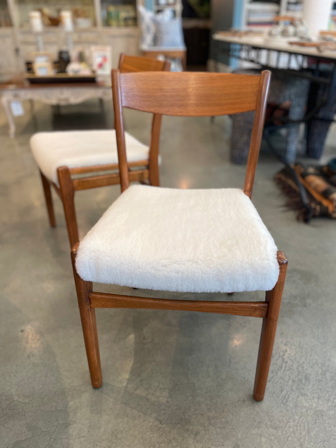 Mid-Century Teak Dining Chairs, Newly Upholstered in Shearling | Set of 4